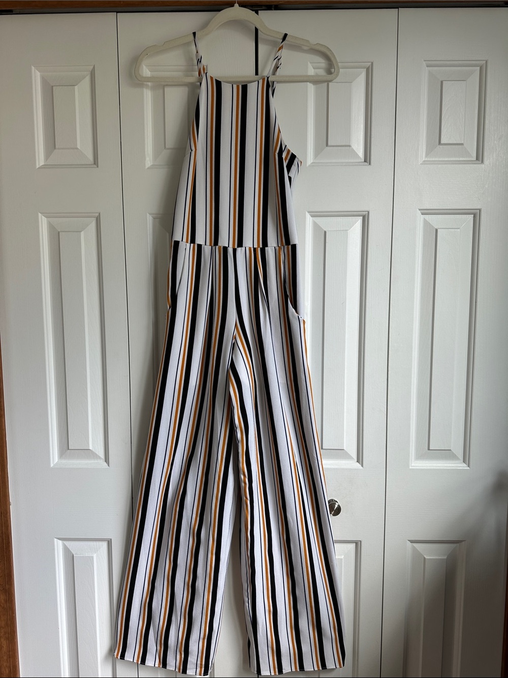 Striped Halter Jumpsuit in White, Black & Mustard Size XS
